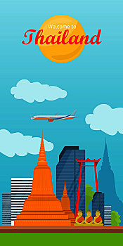 泰国,矢量,概念,度假,亚洲,插画,飞机,摩天大楼,佛教,建筑,纪念碑,竖图,旗帜,旅行社,国际,飞行,广告,旅行,设计