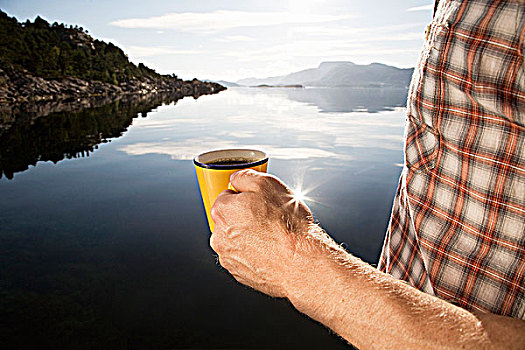 男人,咖啡,海洋,山峦