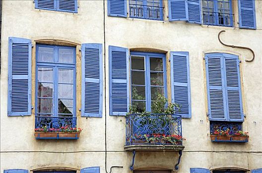 窗户,蓝色,百叶窗,露台,花,隆河阿尔卑斯山省,法国