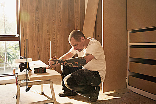 建筑工人,纹身,测量,木头,木板,房子
