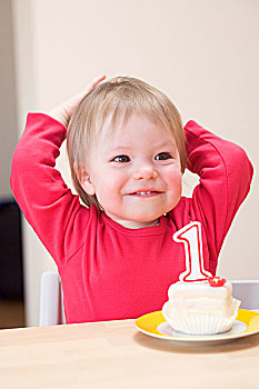 小,女孩,一岁生日,蛋糕