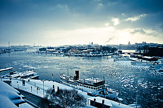 城镇景色,冬天,斯德哥尔摩,瑞典,斯堪的纳维亚