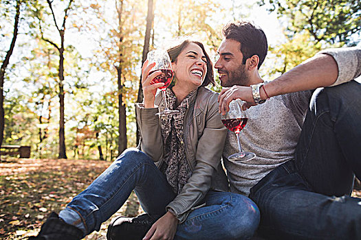 浪漫,坐,夫妇,树林,喝,玫瑰葡萄酒
