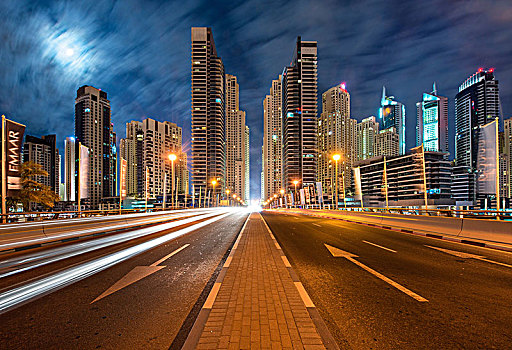 城市,光亮,摩天大楼,迪拜,阿联酋,黄昏,公路,前景
