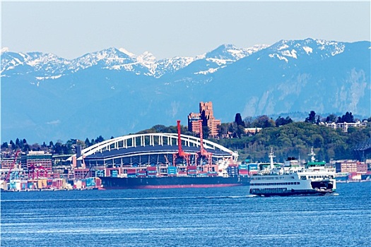西雅图,华盛顿,港口,渡轮,体育场,起重机,货船,船,瀑布山