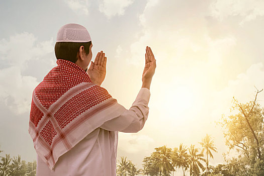 背面视角,亚洲人,穆斯林,男人,白色,帽,祈祷