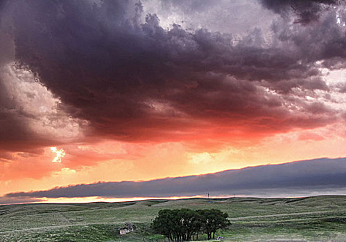 云,低,远景,日落,彩色,反射,风暴,莱克星顿,内布拉斯加州,美国