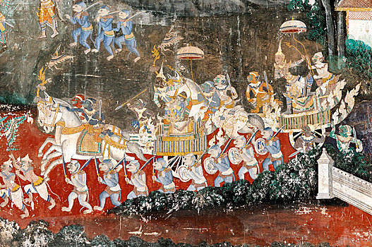 壁画,罗摩衍那,场景,高棉,经典,印度,遮盖,艺术馆,银,塔,金边,柬埔寨,东南亚,亚洲