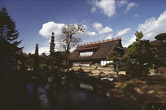 茅草屋顶,农舍,正面,湖,箱根,神奈川,日本