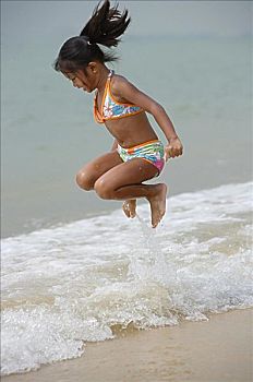 女孩,跳跃,海洋