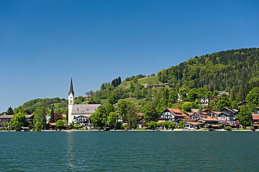 湖,教区教堂,上巴伐利亚,巴伐利亚,德国,欧洲