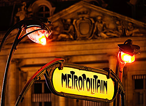 标识,巴黎,地铁,夜景,法国,欧洲