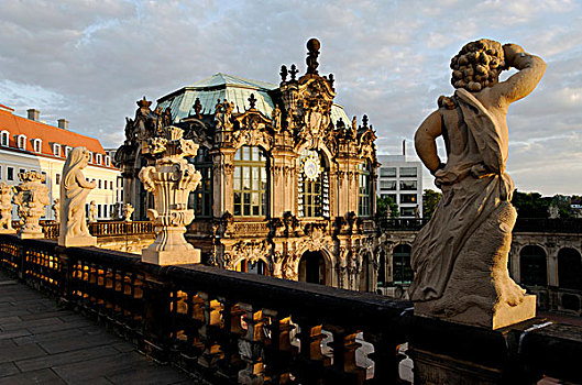 傍晚,栏杆,茨温格尔宫,宫殿,德累斯顿,佛罗伦萨,萨克森,德国,欧洲