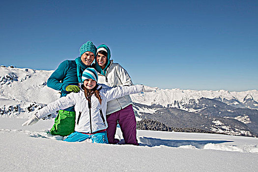伴侣,女儿,滑雪,穿戴,玩,雪中