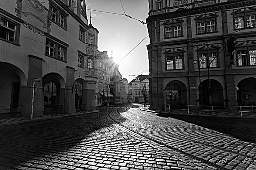 鹅卵石,街道,老,建筑,黎明,布拉格,捷克共和国