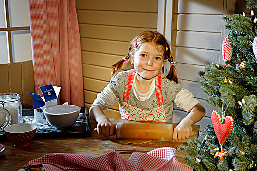 小,女孩,烘制,圣诞节,饼干
