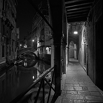 挨着,威尼斯,运河,夜晚,意大利