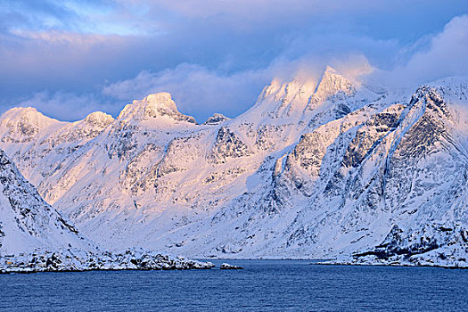 风景,岛屿,山,遮盖,雪,冬天,日落,罗弗敦群岛,挪威,斯堪的纳维亚