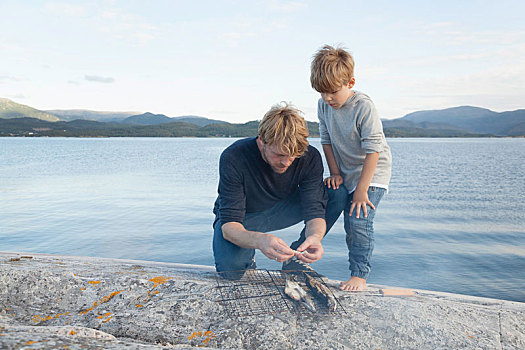 男孩,父亲,准备,鱼肉,小湾,石头,挪威
