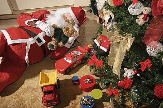 圣诞老人,睡觉,圣诞树