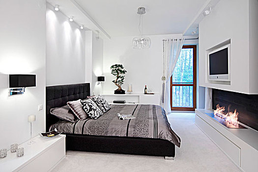 优雅,黑白,卧室,双人床,软垫,黑色,皮革,现代,壁炉,白墙