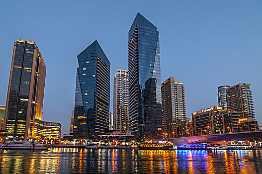 夜景,市区,迪拜,码头,现代,高,摩天大楼,阿联酋