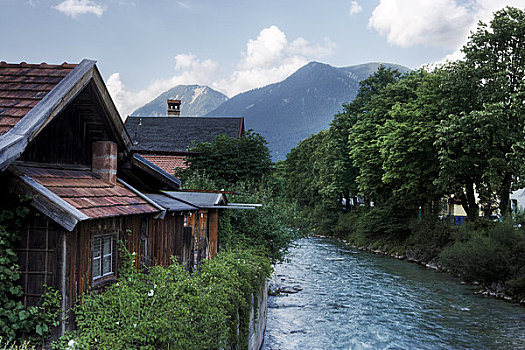 房子,河流,加米施帕藤基兴,巴伐利亚,德国