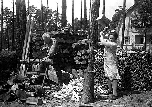 情侣,团队,男人,女人,切,木头,锯,20世纪30年代,德国,欧洲
