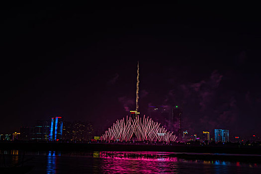 烟花,建筑群,河流,夜景,水,灯,节日