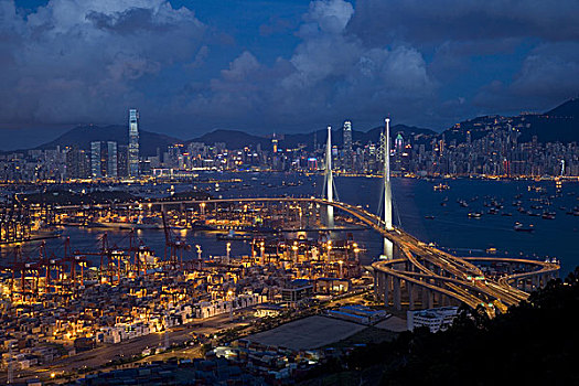 远眺,桥,货物码头,夜晚,香港