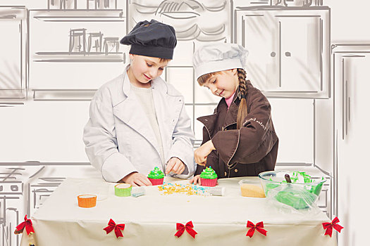 孩子,制作,圣诞节,杯形蛋糕