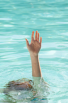 手,溺水,人,伸展,海水,游泳池,帮助
