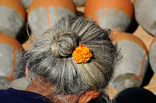 尼泊尔,加德满都,橙花,老,女士,假髻