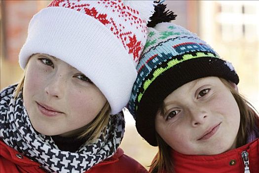 两个,姐妹,12岁,羊毛帽,户外