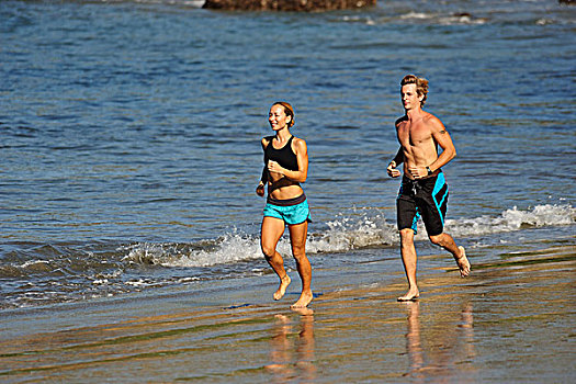 情侣,慢跑,海滩,水,健康,胜地,尼加拉瓜,中美洲
