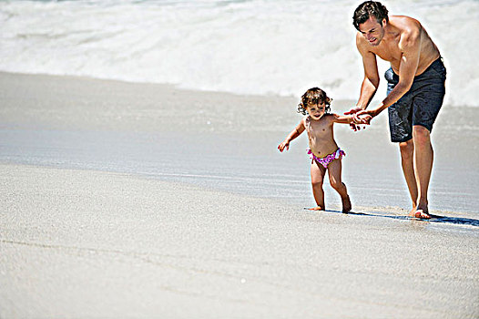 父亲,走,小女孩,海滩