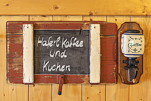 标识,杯子,咖啡,蛋糕,小屋,基姆湖,齐姆高,上巴伐利亚,巴伐利亚,德国南部,德国,欧洲