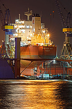 货船,浮码头,汉堡市,港口,夜晚,德国,欧洲