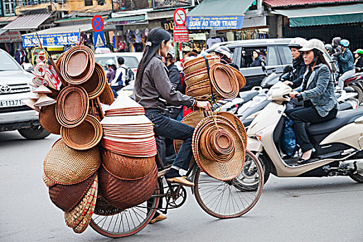 越南,河内,移动,锥形,帽子,摊贩