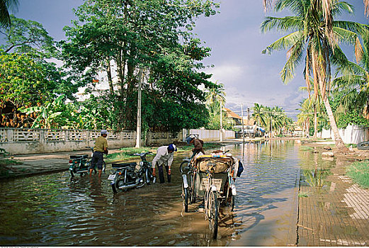 洪水,街道,金边,柬埔寨