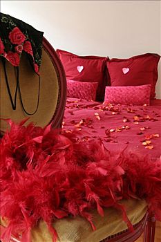 羽巾,睡衣,椅子,玫瑰花瓣,床