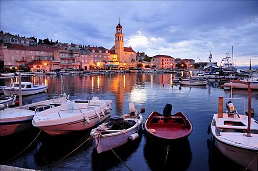 渔船,港口,正面,教堂,岛屿,达尔马提亚,克罗地亚,欧洲