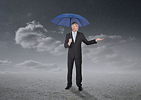 商务人士,拿着,蓝色,伞,风暴,天气