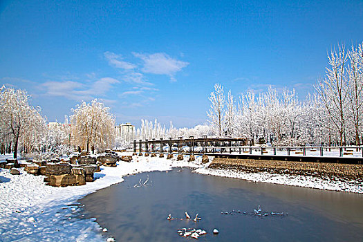 覆盖着厚厚的白雪的湖边观景平台