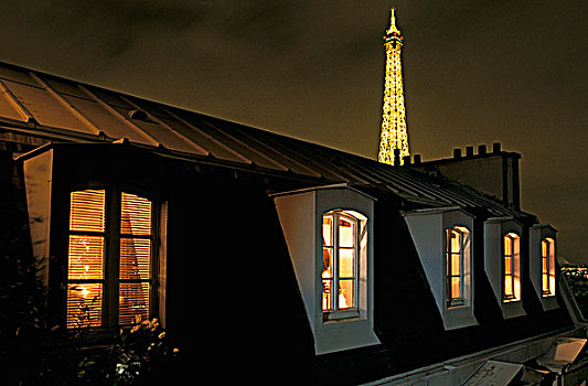 巴黎,窗户,屋顶,夜晚,埃菲尔铁塔