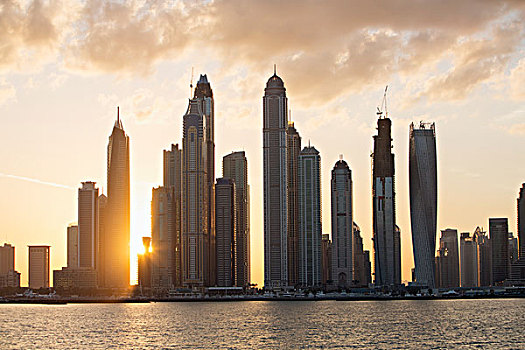 天际线,日出,迪拜,阿联酋
