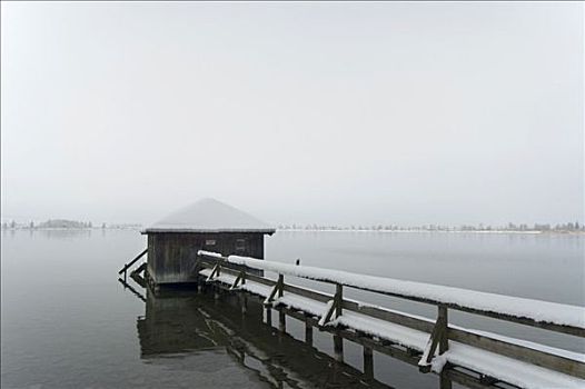 船库,栈桥,湖岸,科赫尔湖,冬天,巴伐利亚,德国