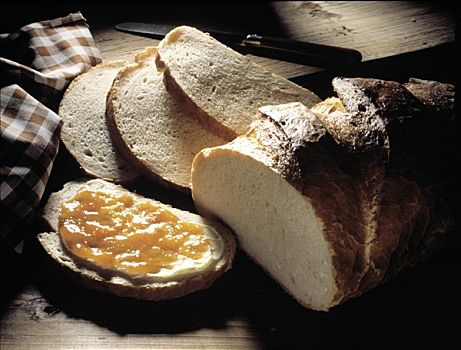 白面包,面包,切片,黄油,橘子果酱