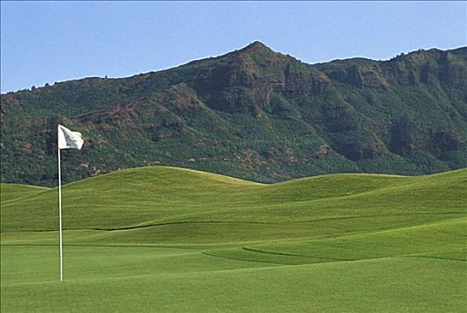 夏威夷,考艾岛,高尔夫球场,群山,山峦,背景,白旗