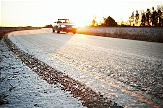 冬天,道路,日落,瑞典